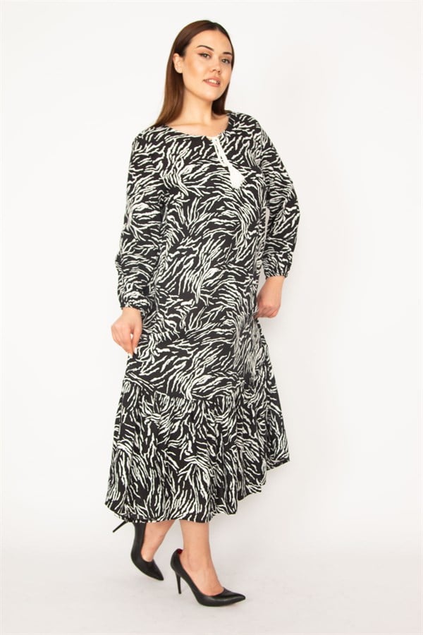 KADIN ORANJ DOKUMA VİSKON KUMAŞ UZUN KOLLU KATLI ELBİSE