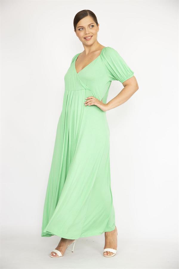 Kadın Büyük Beden Yeşil Omuz Ve Kol Ağzı Lastik Detaylı Anvelop Yakalı Elbise