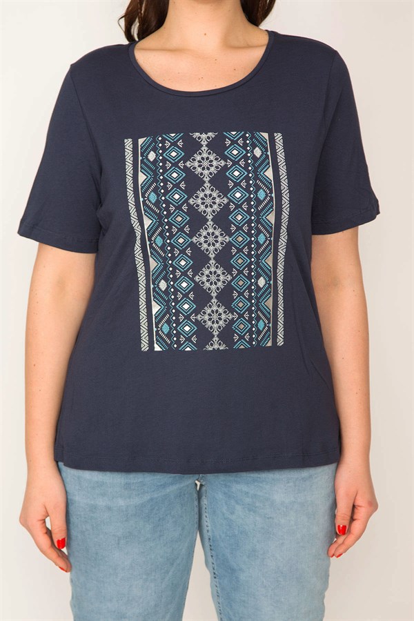 KADIN LACİVERT LAME BASKILI BİSİKLET YAKALI KISA KOLLU BLUZ