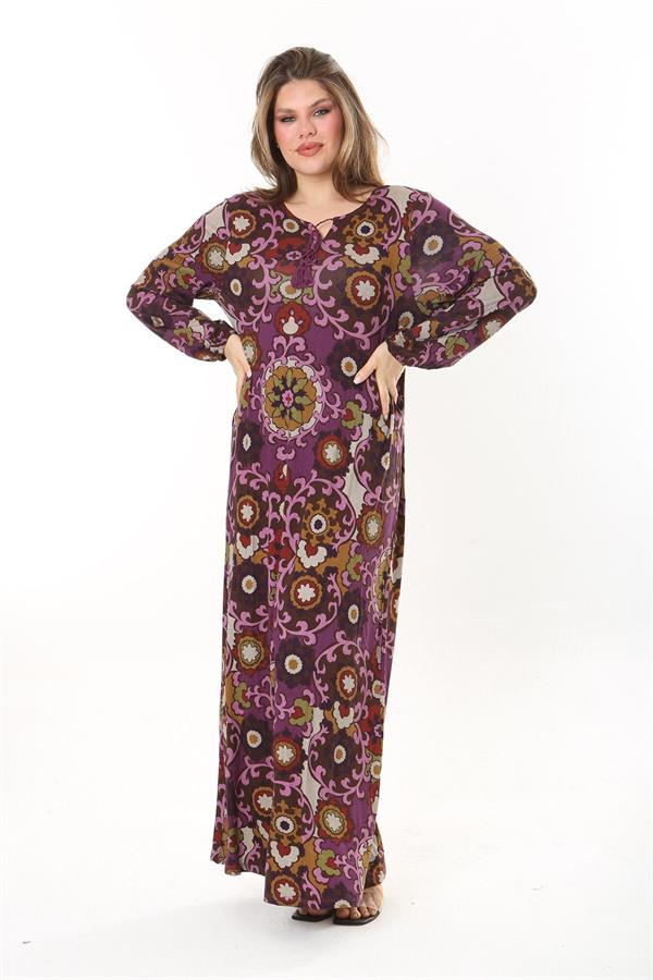 Kadın Büyük Beden Kahve Yaka Bağcıklı Uzun Kollu Maksi Boy Elbise 65N37866