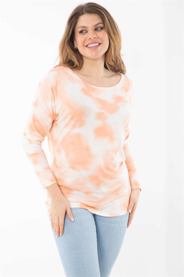 Kadın Büyük Beden Oranj Batik Desenli Uzun Kol Kollu Bluz 65N37363