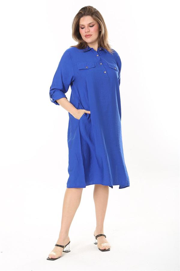 Kadın Büyük Beden Nar Ön Pat Düğmeli Süs Göğüs Cepli Kol Boyu Ayarlı Elbise 65N37871