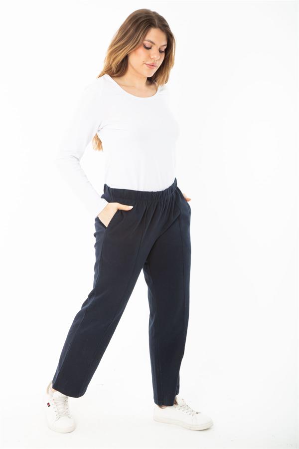 Kadın Büyük Beden Lacivert Beli Lastikli Ütü İzi Çima Dikişli Yan Cepli Eşofman Alt 65N37400
