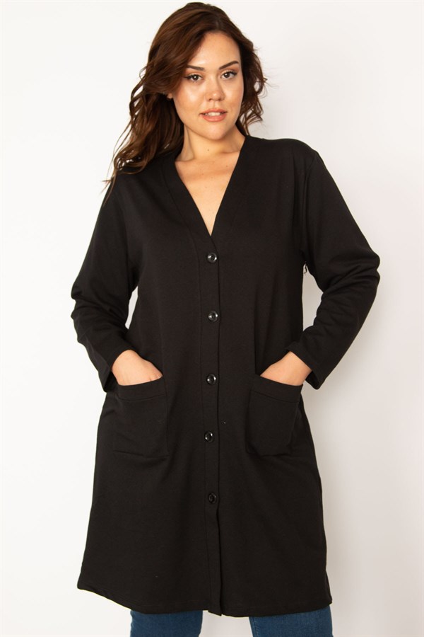 Kadın Siyah Ön Düğmeli Astarsız Cepli Ceket 65N34077