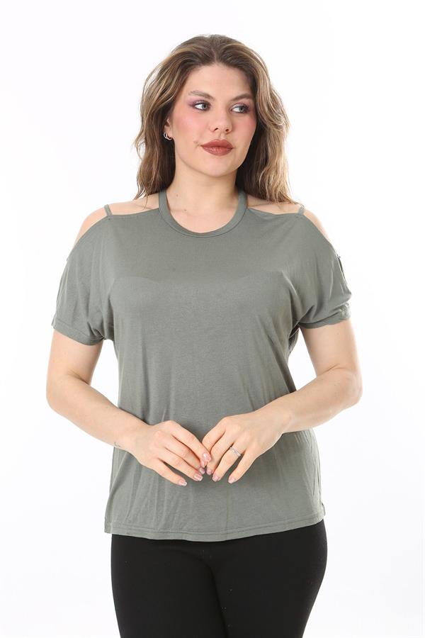 Kadın Büyük Beden Haki Omuz Dekolteli Bluz 65N38047