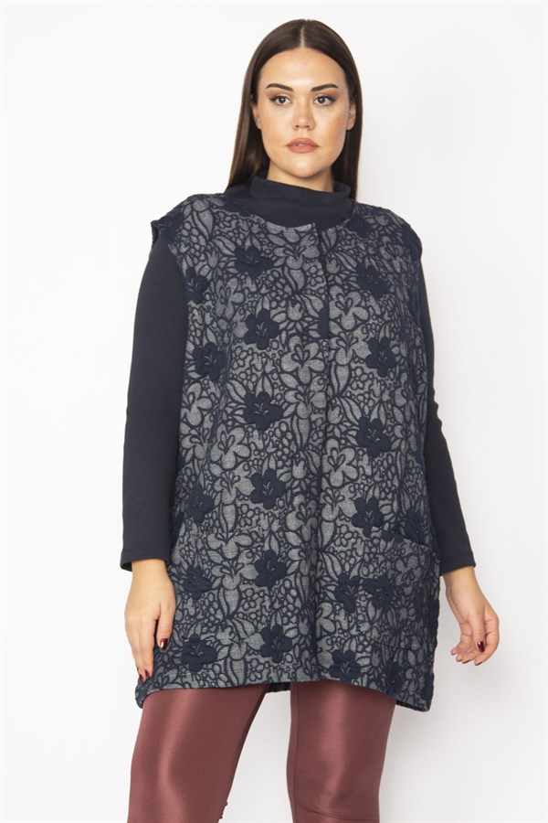 Kadın Lacivert Jakar Desenli Ön Çıtçıt Düğmeli Cepli Yelek 65N29626