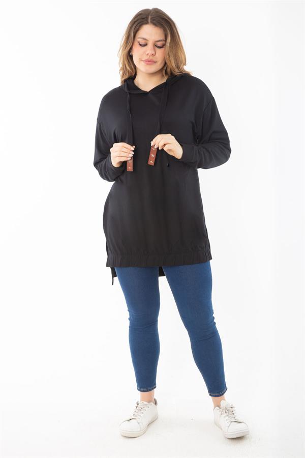 Kadın Büyük Beden Siyah Arkası Uzun Yan Yırtmaçlı Kapşonlu Sweatshirt 65N37310