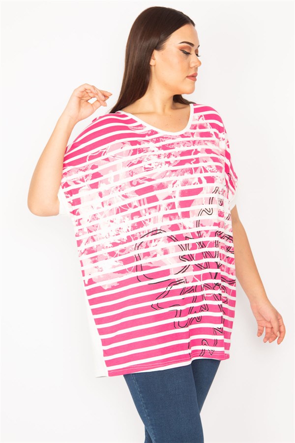 Kadın Fuşya Ön Desenli Düşük Kollu Bluz 65N30192