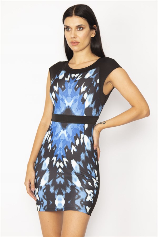 WOMEN'S BLACK COLOR DETAILED CREW NECK SLEEVELESS SHORT DRESS