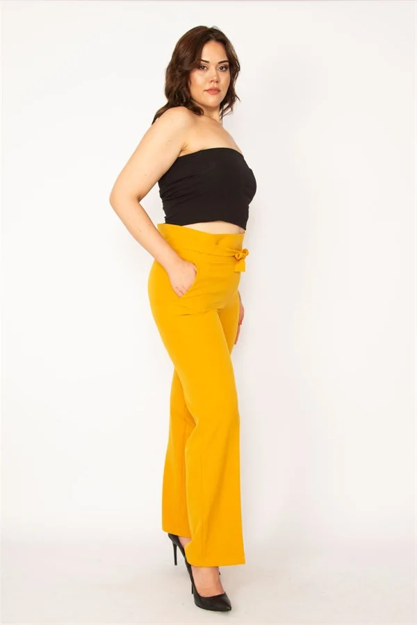 Kadın Hardal Beli Kuşak Bağlamalı Yan Gizli Fermuarlı Pantolon 65N33793