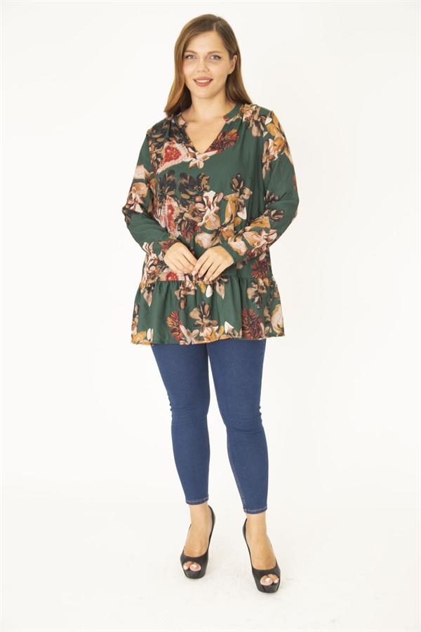 Kadın Büyük Beden Yeşil V Yakalı Etek Ucu Katlı Astarlı Şifon Tunik 65N36955