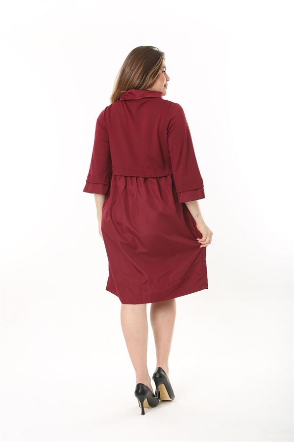 Kadın Büyük Beden Bordo Yaka Kol Ağzı Ve Etek Kısmı Tafta Kumaş Elbise 65N37545