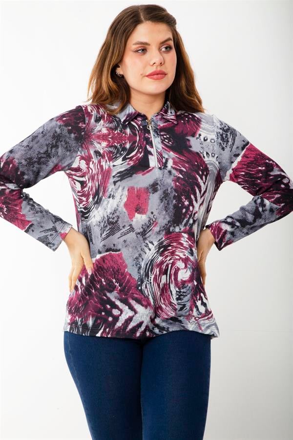 Kadın Büyük Beden Bordo Ön Patı Fermuarlı Uzun Kollu Desenli Bluz 65N37218