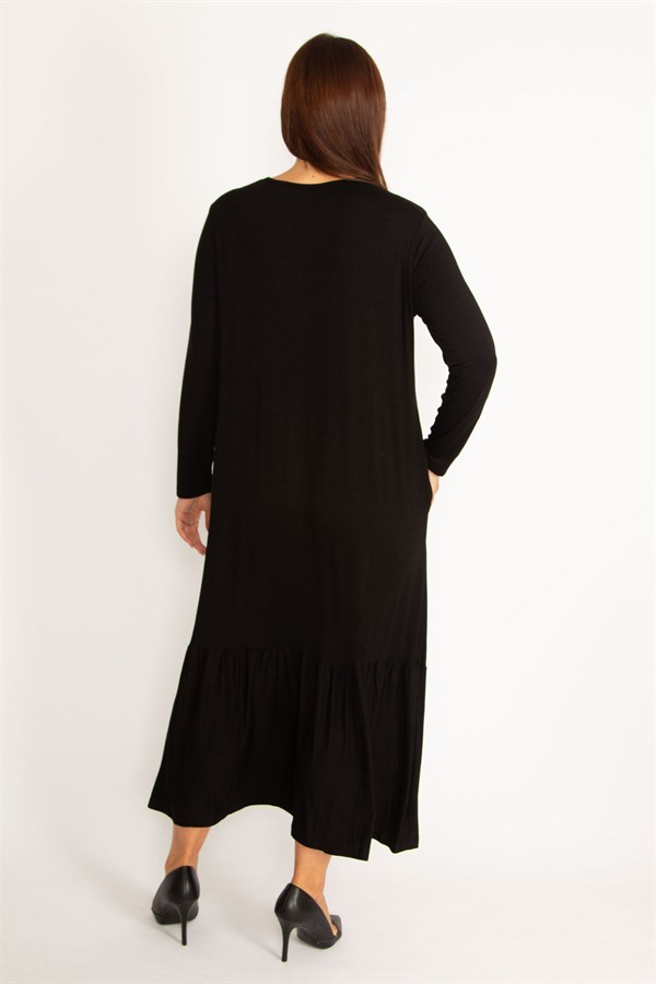 Kadın Siyah Nakış Detaylı Uzun Kollu Katlı Elbise 65N34608