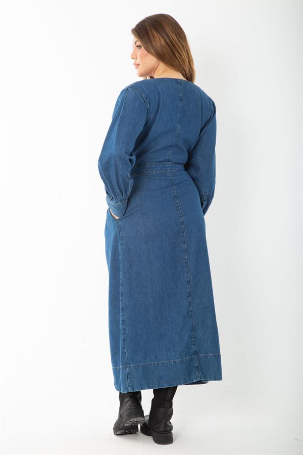 Kadın Lacivert Metal Düğmeli Anvelop Kot Elbise 65N37381