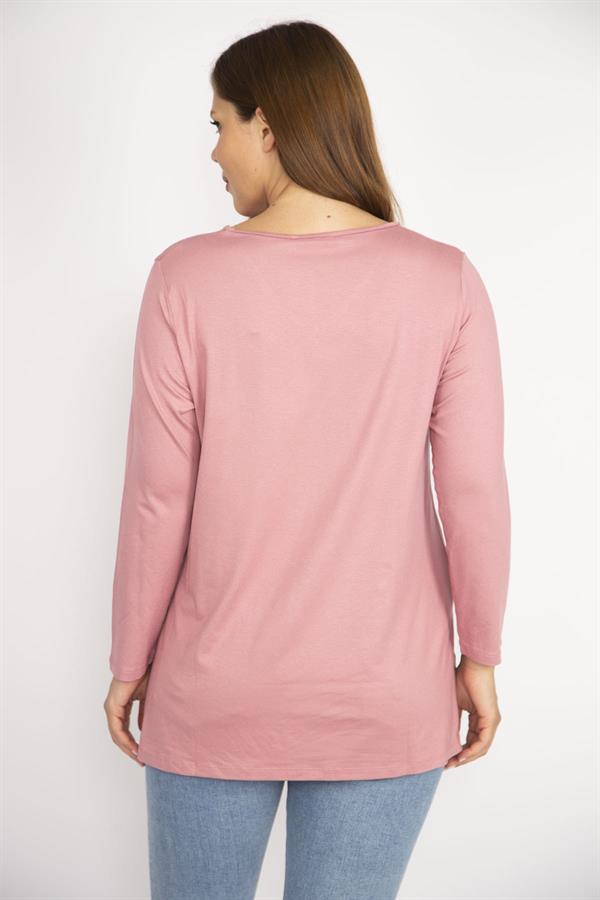 Kadın Somon Büyük Beden V Yakalı Yan Yırtmaçlı Uzun Kollu Bluz