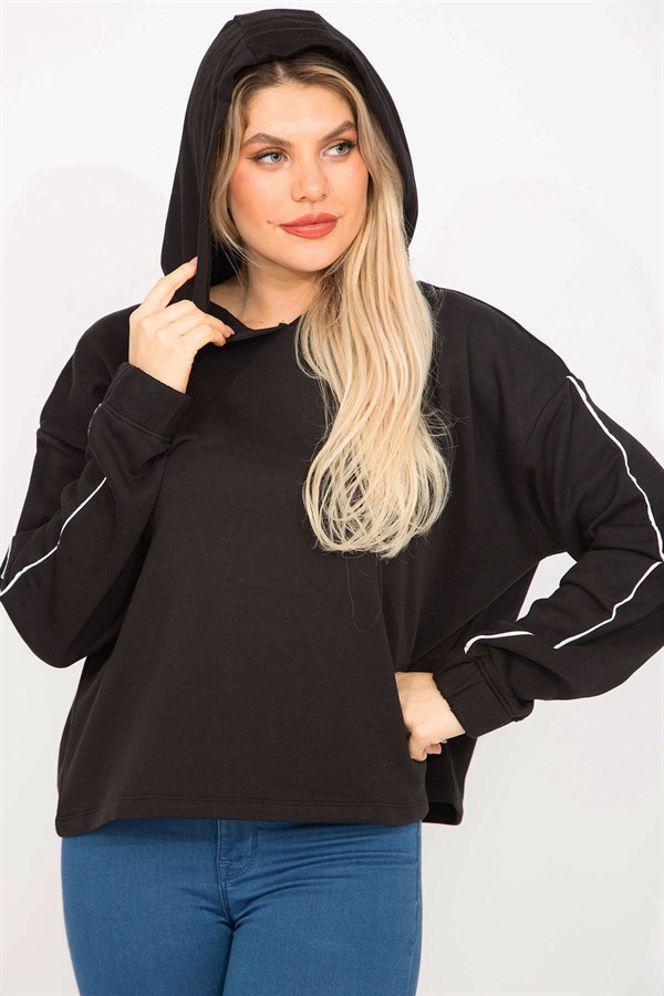 Kadın Siyah Kolları Biye Detaylı Kapşonlu Sweatshirt 65N35301