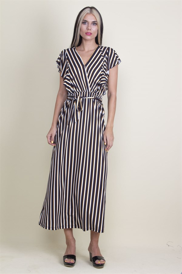 Kadın Siyah Volan Kollu Anvelop Elbise