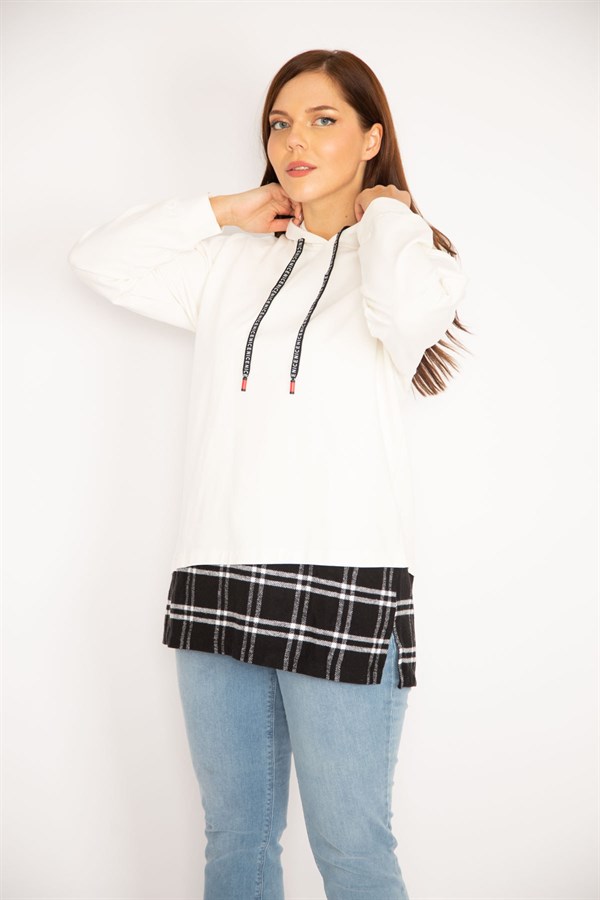 Kadın Kemik Kapşonlu Etek Ucu Ekose Garnili Sweatshirt 65N34878