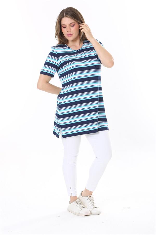 Kadın Büyük Beden Mavi Bisiklet Yakalı Kısa Kollu Çizgili Tunik 65N37850