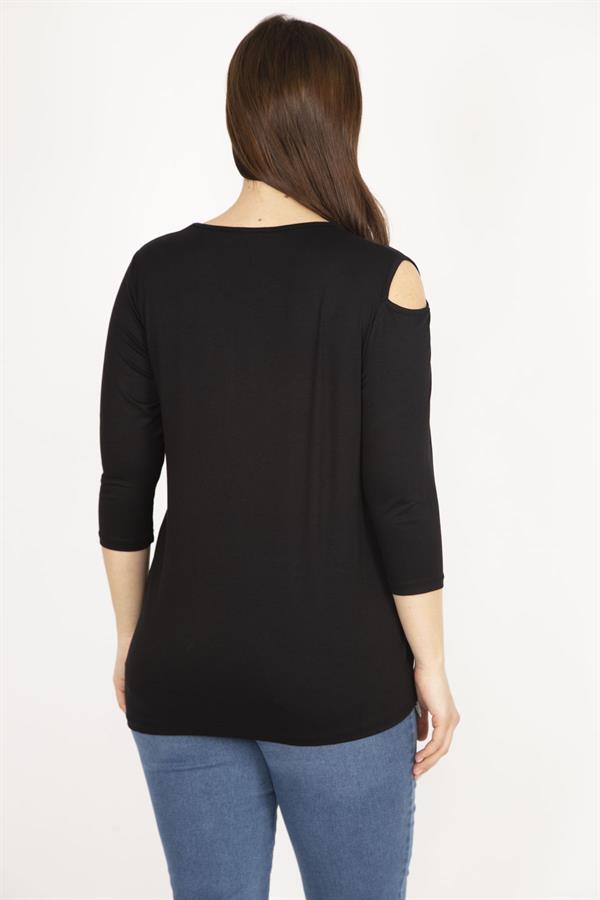 Kadın Siyah Büyük Beden Tek Omuz Dekolteli Etek Ucu Dantel Bluz