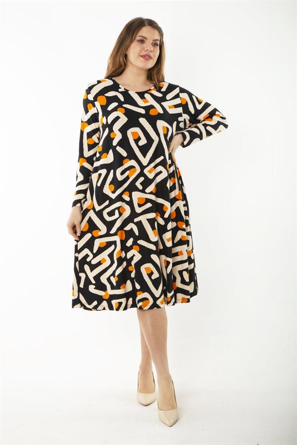 Kadın Büyük Beden Renkli Uzun Kollu Desenli Elbise 65N37191