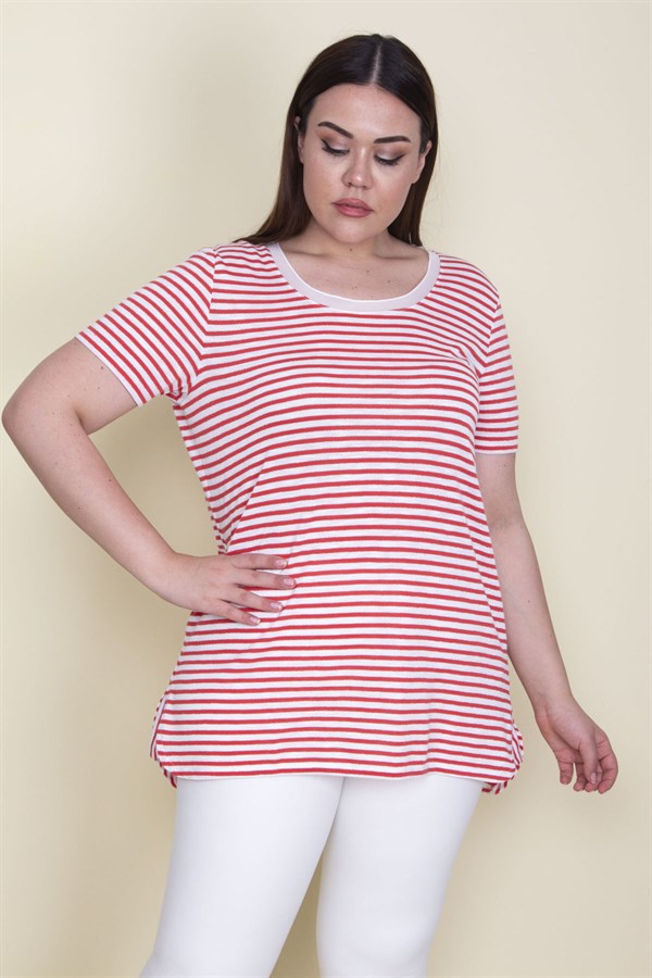 Kadın Kırmızı Yakası Tül Detaylı Simli Çizgili Bluz 65N25649
