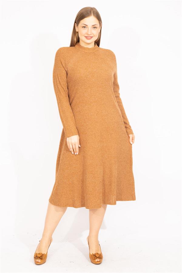 Kadın Safran Büyük Beden Sıfır Yaka Kendinden Çizgili Elbise 65N35602