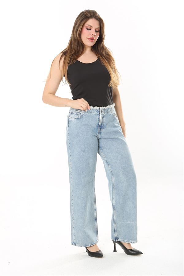 Kadın Büyük Beden Mavi Kemeri Pis Dikişli Yıkama Efektli Kot Pantolon 65N38031