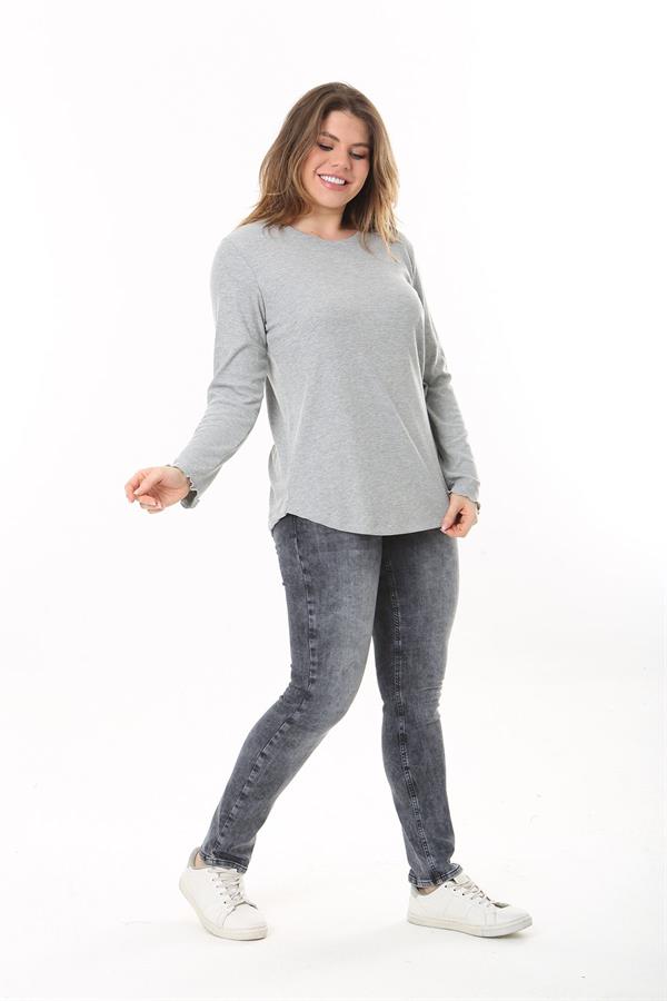 Kadın Büyük Beden Gri Bisiklet Yakalı Kendinden Çizgili Uzun Kollu Bluz 65N37529