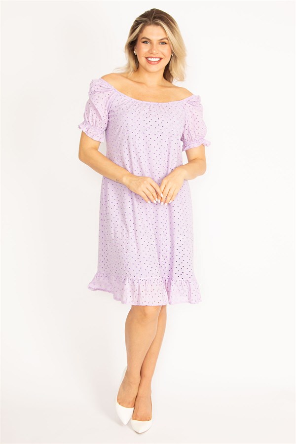 Delikiş Nakışlı Dokuma Viskon Kumaş Astarlı Yaka Ve Kol Ağzı Lastikli Etek Ucu Katlı Elbise