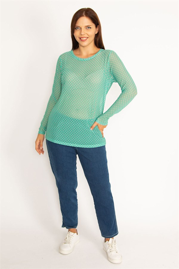 Kadın Yeşil Puan Desenli Tül Bluz 65N34576