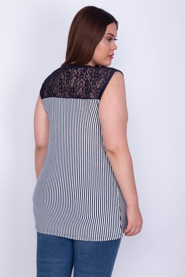 Kadın Lacivert Roba Dantelli Çizgili Bluz 65N26292