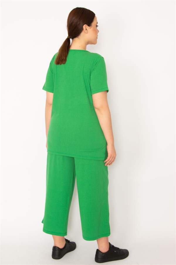 Kadın Fujya Kaşkorse Örme Beli Lastikli Geniş Paçalı Pantolon V Yakalı Bluz Takım 65N32939