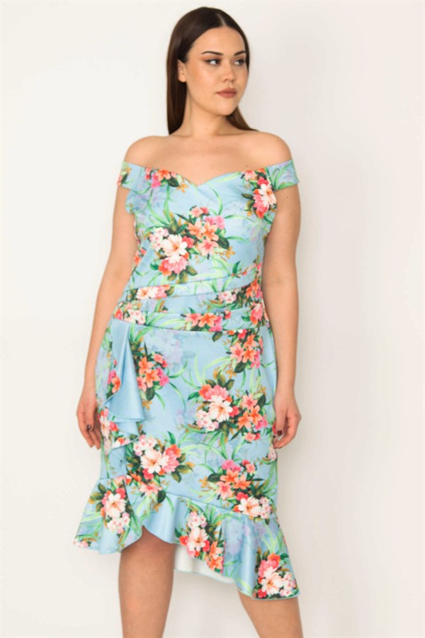 WOMEN'S COLORFUL DRESS WITH FLOUNCED WAIST AND DRAPED HEM