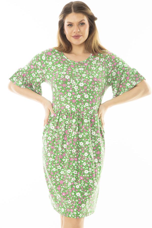 Kadın Büyük Beden Yeşil Kol Ağzı Volanlı Belden Büzgülü Çiçek Desenli Elbise 65N37079
