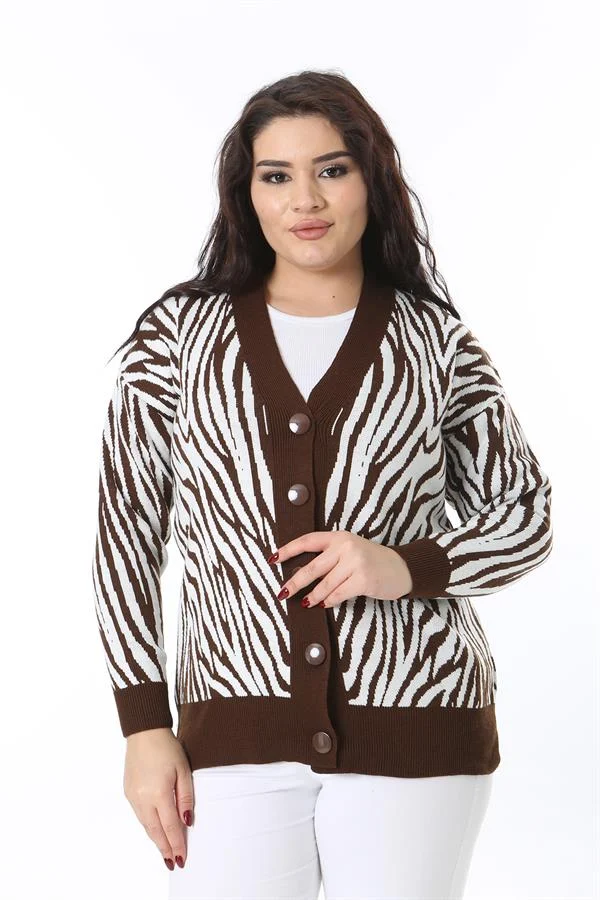 Kadın Büyük Beden Kahve Ön Düğmeli Triko Hırka 65N38566