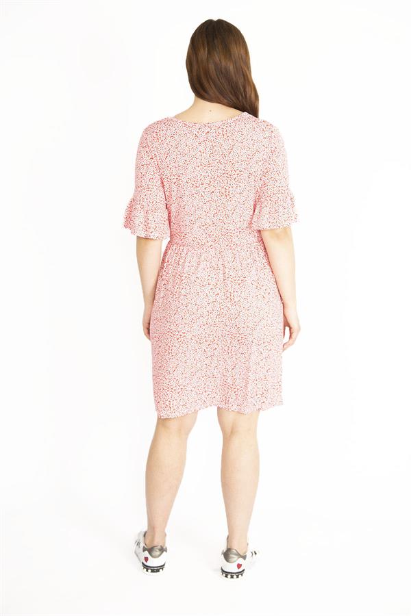 Kadın Renkli Büyük Beden Bisiklet Yaka Volan Kollu Elbise