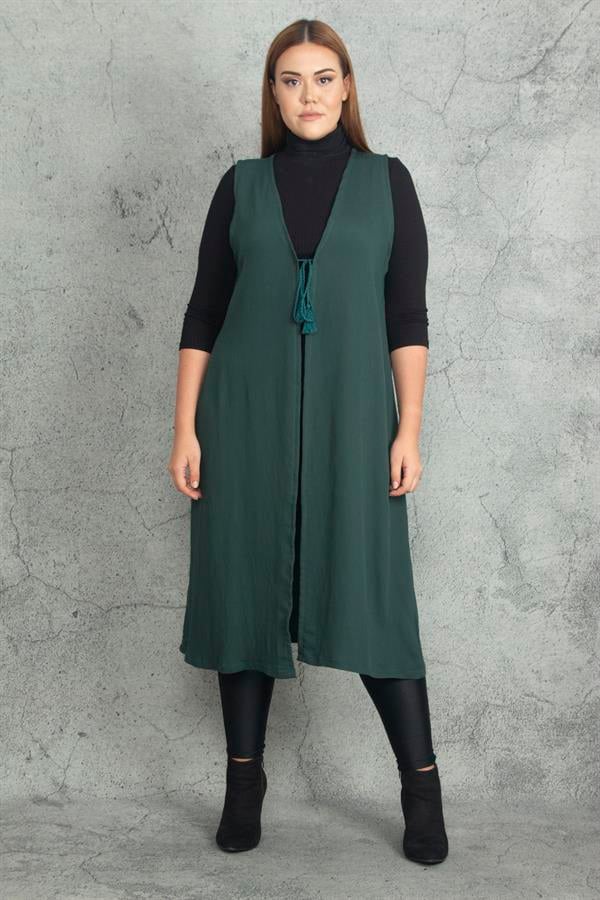 Kadın Gri Önü Bağcık Detaylı Astarsız Uzun Yelek 65N19823