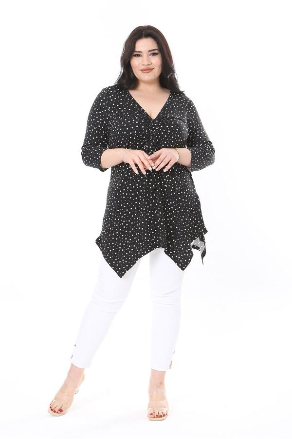 Kadın Büyük Beden Siyah Göğüs Büzmeli Puan Desenli Kapri Kollu Bluz 65N37949