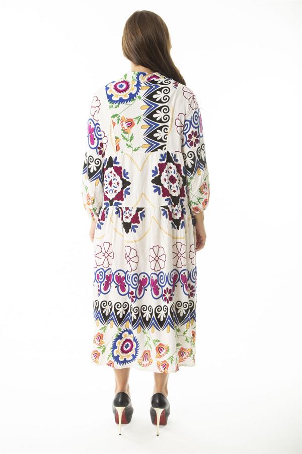 Kadın Büyük Beden Saks Dokuma Viskon Kumaş Ön Yarım Düğmeli Uzun Kollu Elbise 65N36886