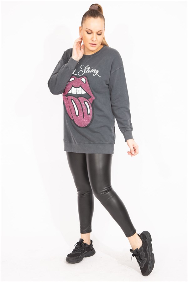 Kadın Füme Taş Detaylı Sweatshirt   65N35493