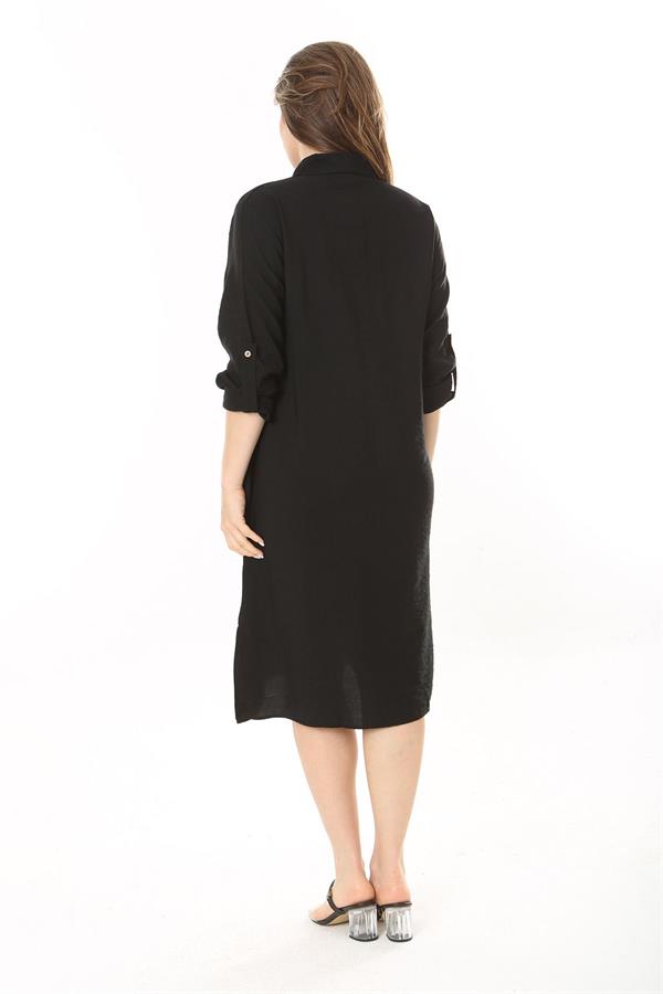 Kadın Büyük Beden Nar Ön Pat Düğmeli Süs Göğüs Cepli Kol Boyu Ayarlı Elbise 65N37871