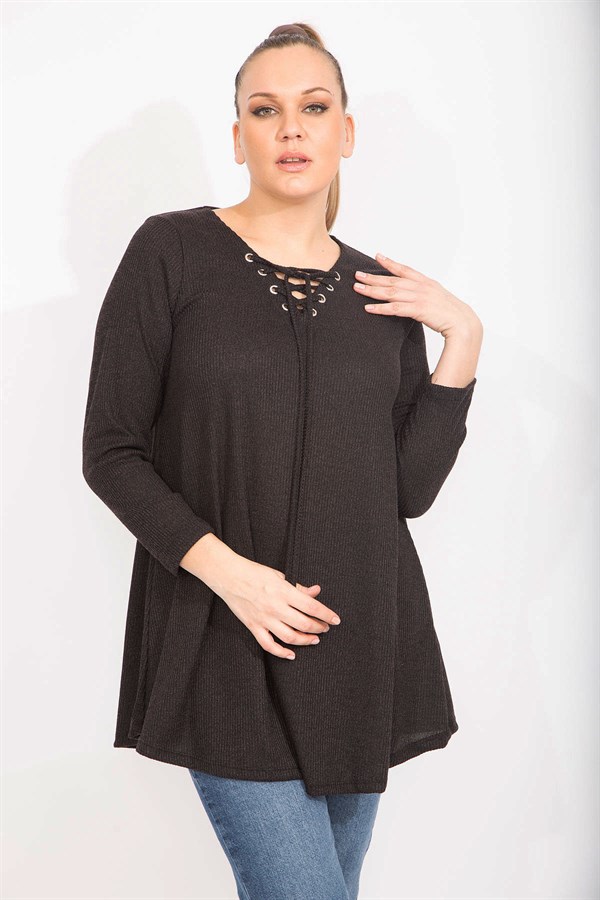 Kadın Antrasit Rahat Kesim Kaşkorse Kumaş Yakası Kuşgözü Bağcık Detaylı Uzun Tunik 65N35499