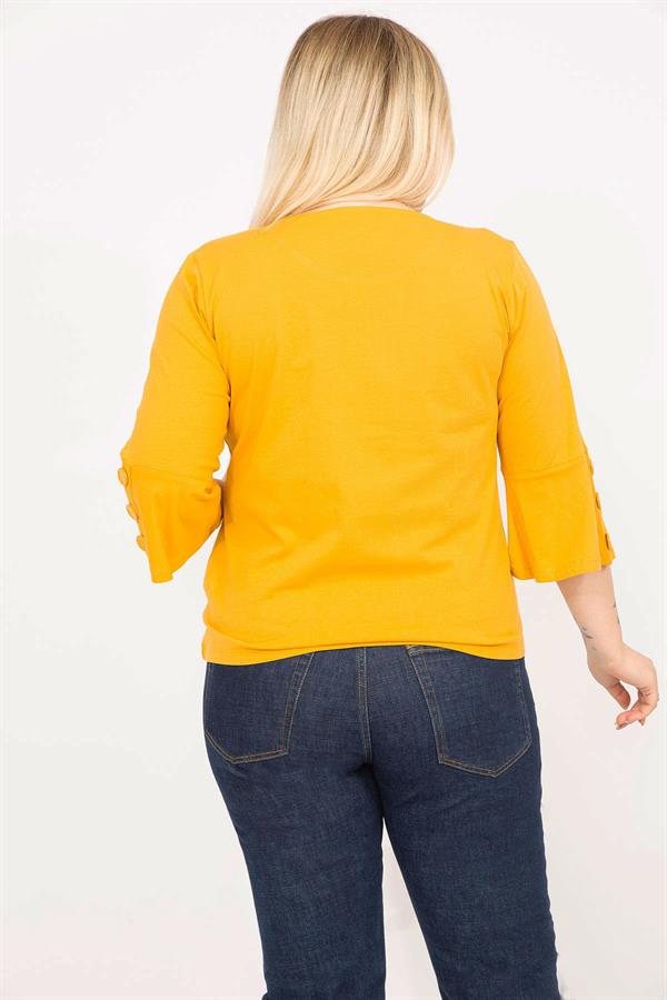 Kadın Hardal Büyük Beden Pamuklu Kumaş Kolları Süs Düğmeli Kapri Kollu Bluz 65N35766