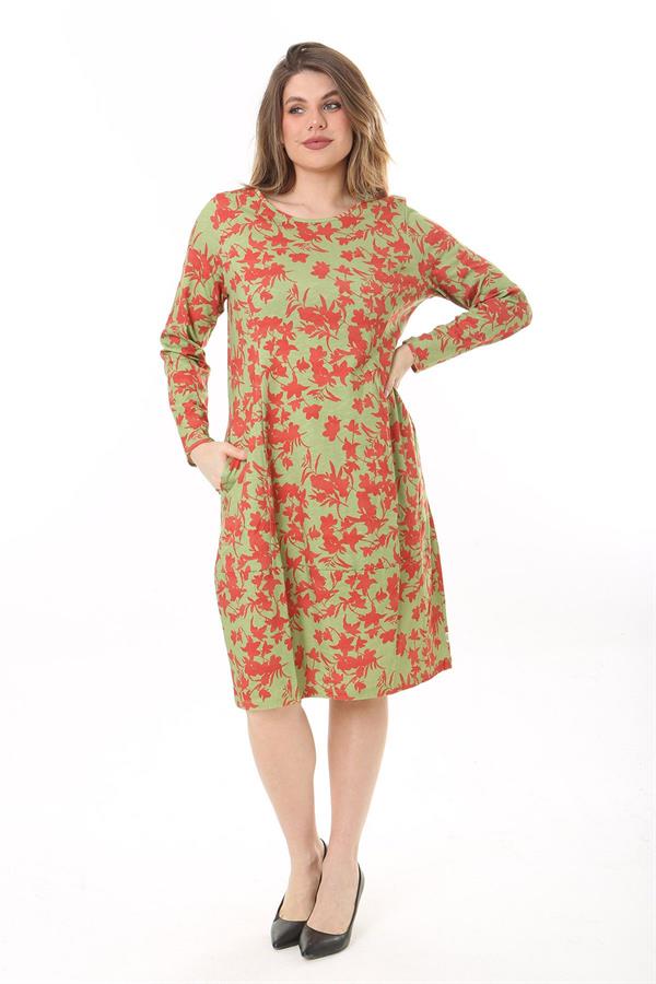 Kadın Büyük Beden Yeşil Organik Koton Kumaş Kup Detaylı Uzun Kollu Elbise 65N37626