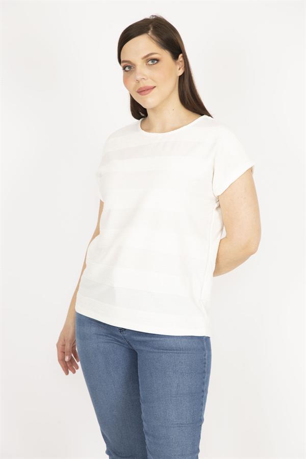 Kadın Kemik Büyük Beden Kendinden Desenli Duble Kol Bluz