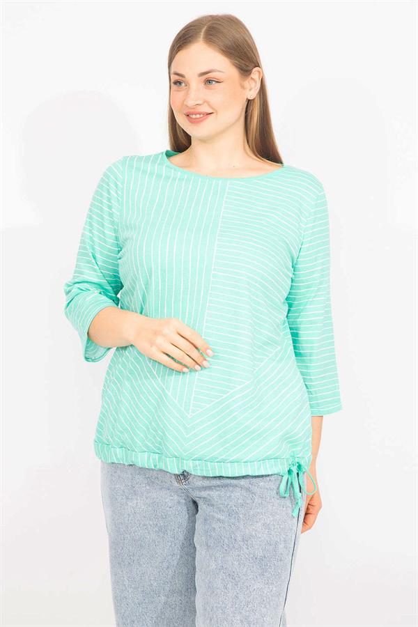 Kadın Lacivert Büyük Beden Pamuklu Kumaş Çizgi Kombinli Bluz 65N35571