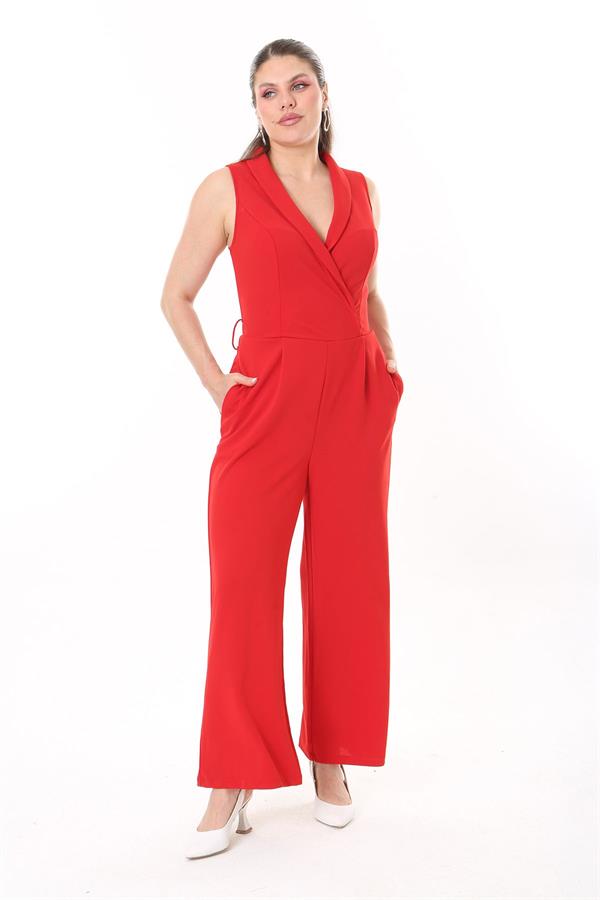 Kadın Büyük Beden Kırmızı Anvelop Yakalı Geniş Paçalı Tulum 65N37734