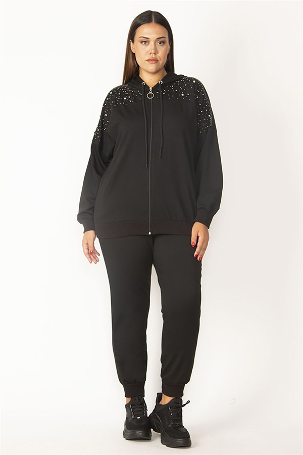 Kadın Siyah Ön Fermuarlı Taş Detaylı Kapşonlu Sweatshirt Pantolon Takım 65N28091